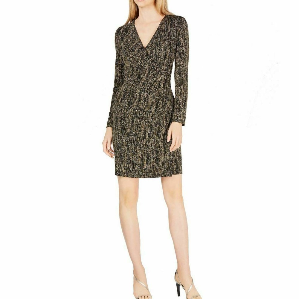Calvin Klein Women's Metallic Faux Wrap Dress, Black/Gold Sz 12